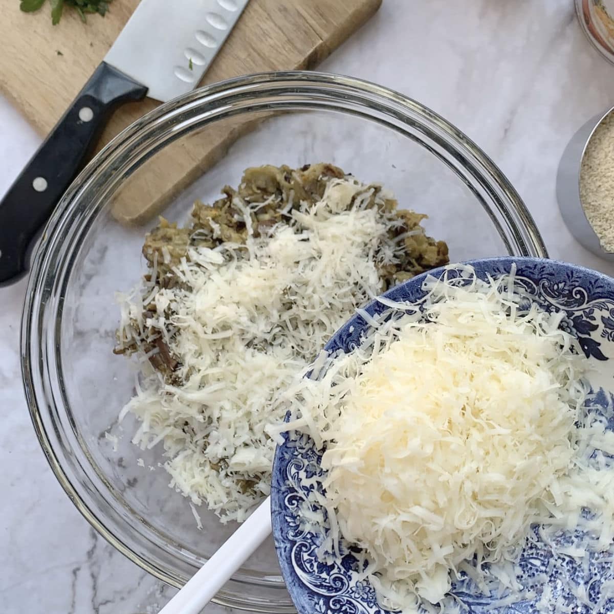 Making eggplant ball mixture.