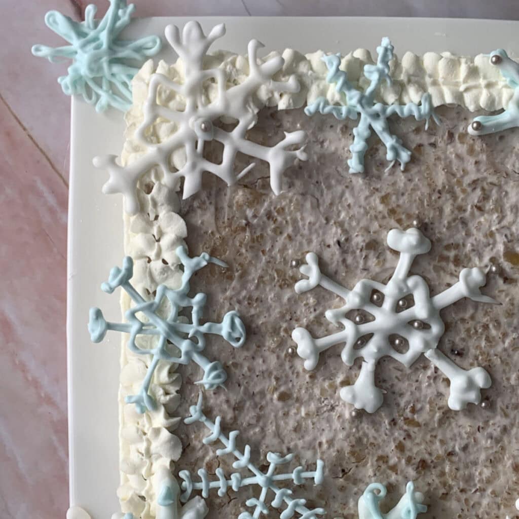Overhead shot of the sour cream walnut cake.