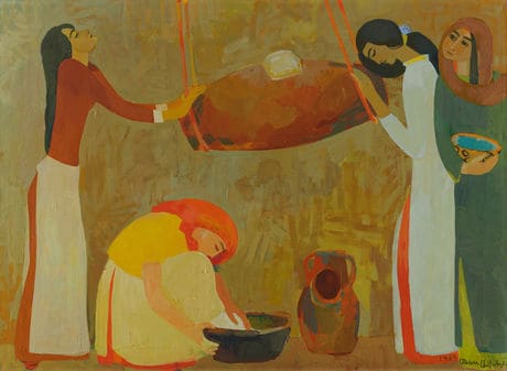 Painting of young women making butter.