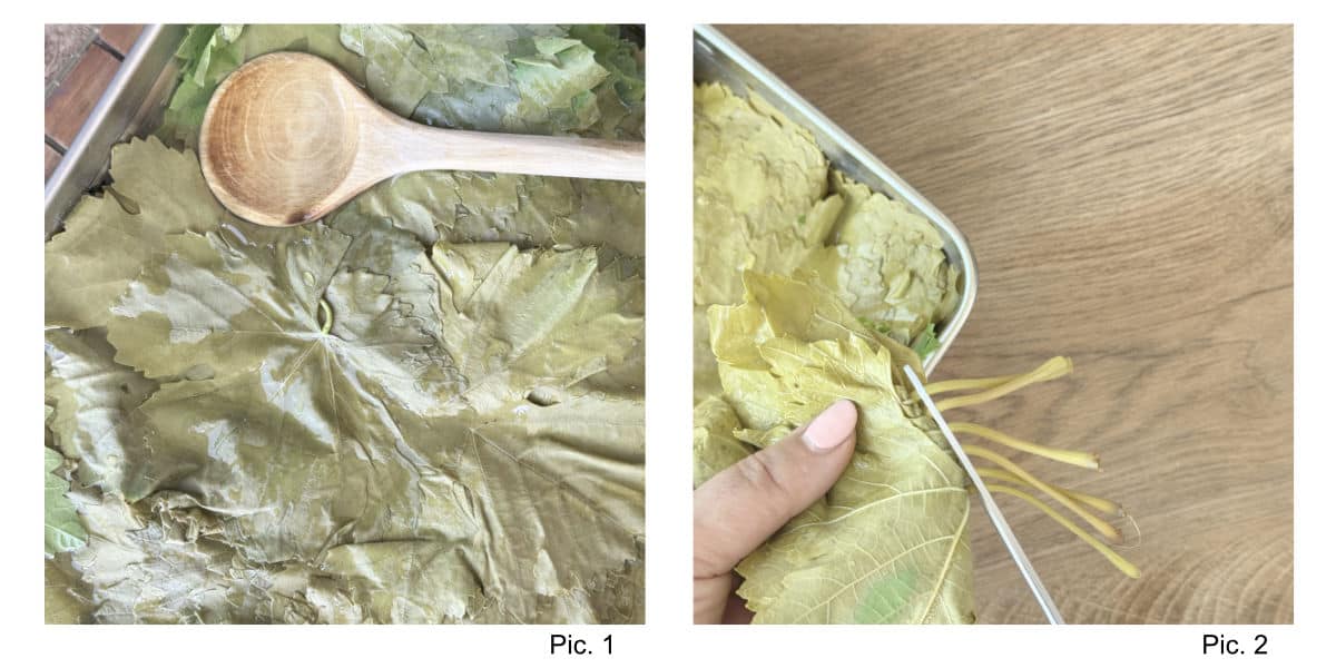 Preparing the grape leaves.