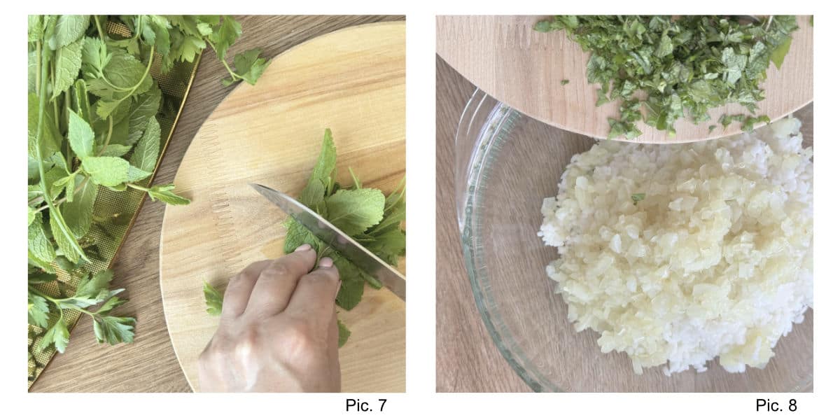 Preparing the Rice Filling, chopping herbs.