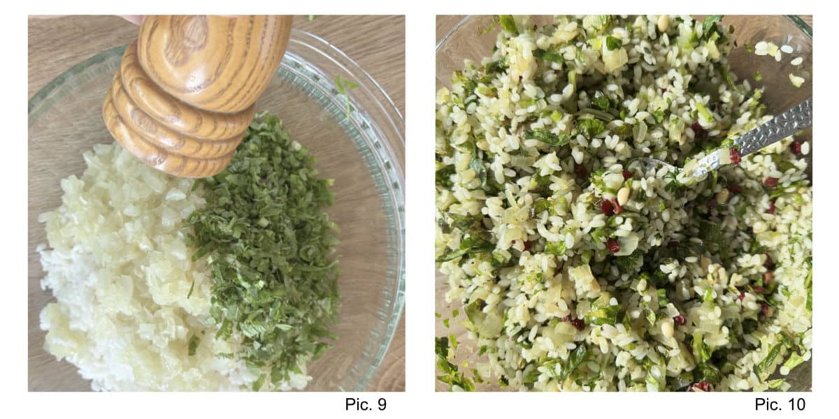 Preparing the Rice Filling, mixing everything together.