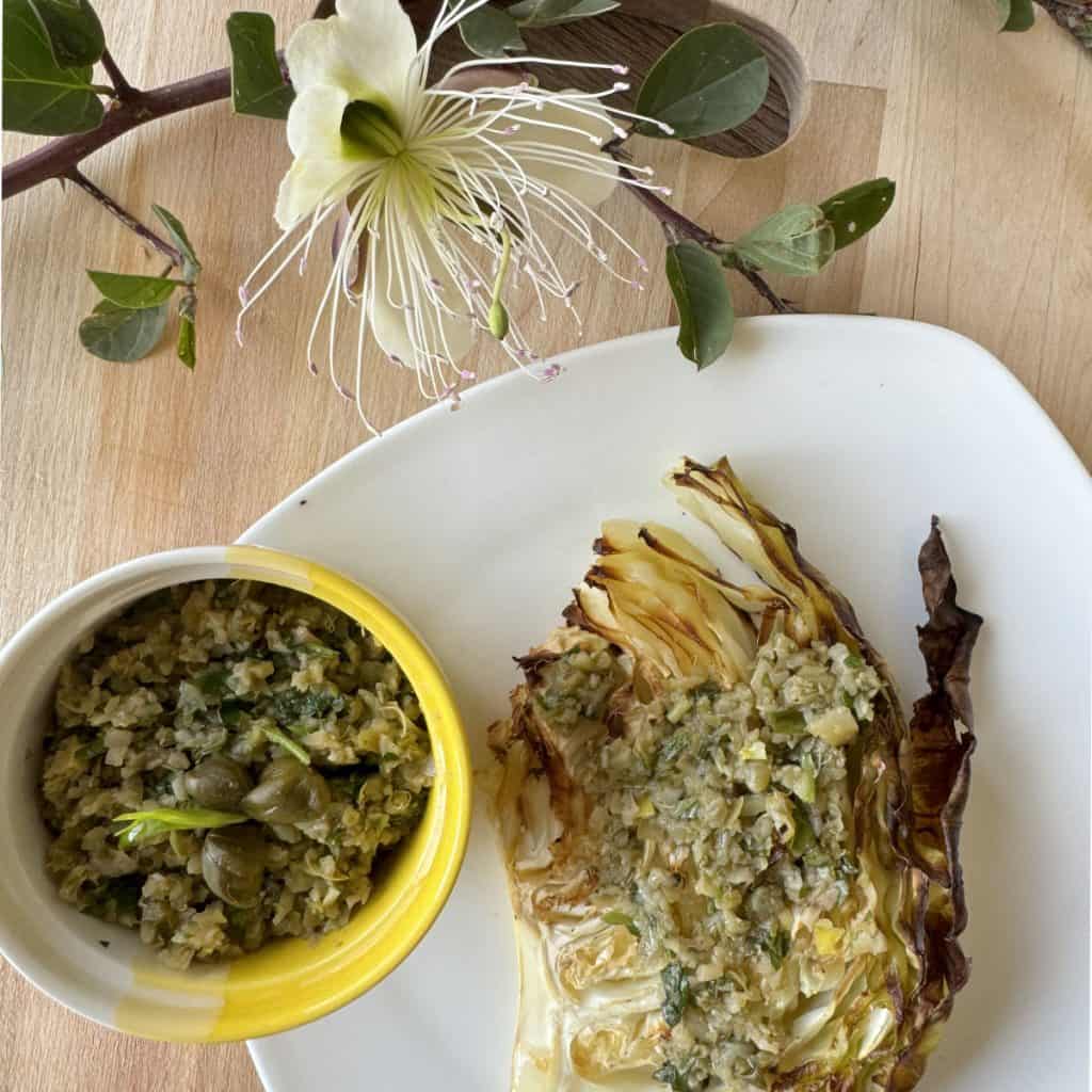 Olive tapenade with charred cabbage.