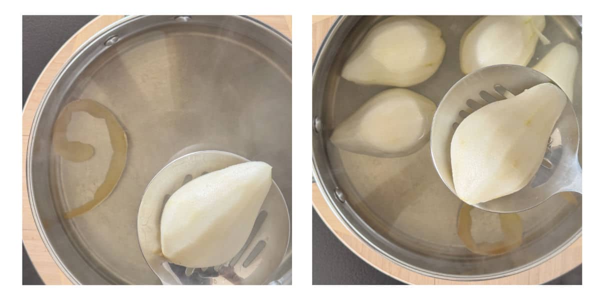 Poaching the pears.