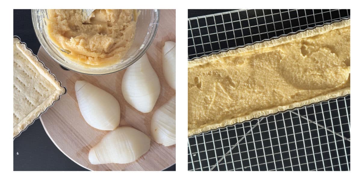 Assembling the pear tart.