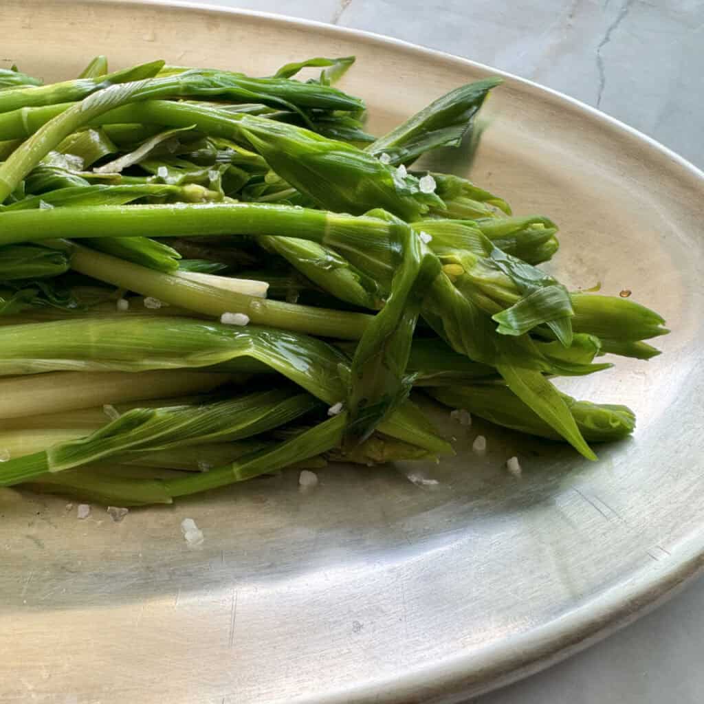 Solomon seal salad in a silver dish.