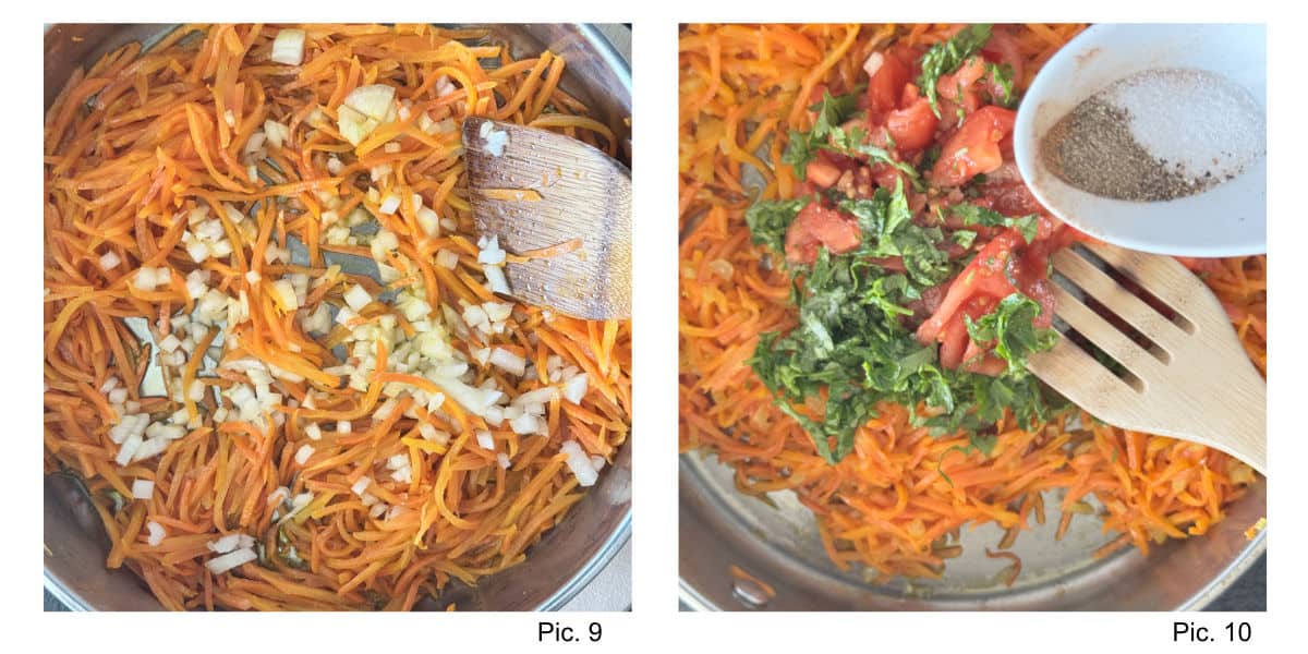 Adding the onions, tomatoes, parsley and seasoning to the carrots.