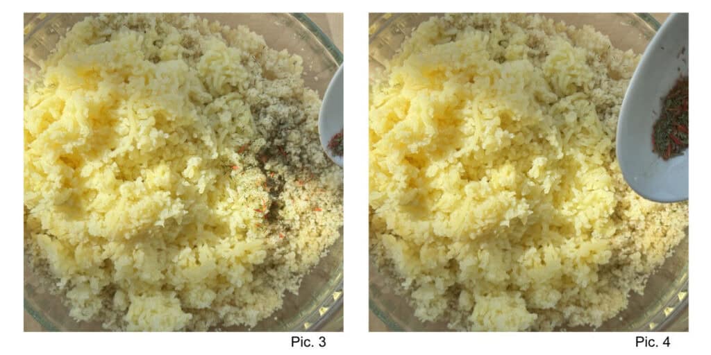 Mixing bulgur and potatoes, kneading together and adding the spices.