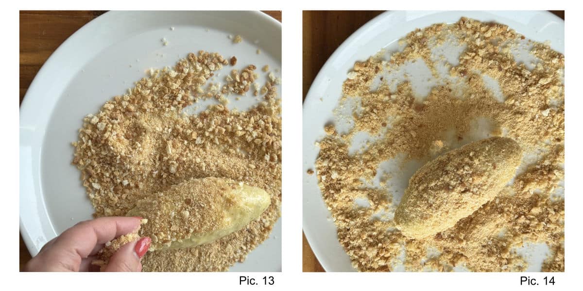 Close-up shots of the steps on how to coat the koftas with breadcrumbs.