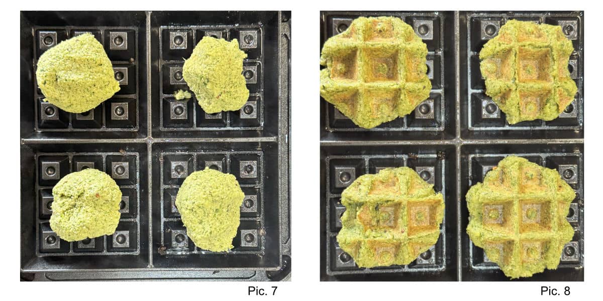 Step-by-step shots of making falafel waffles.