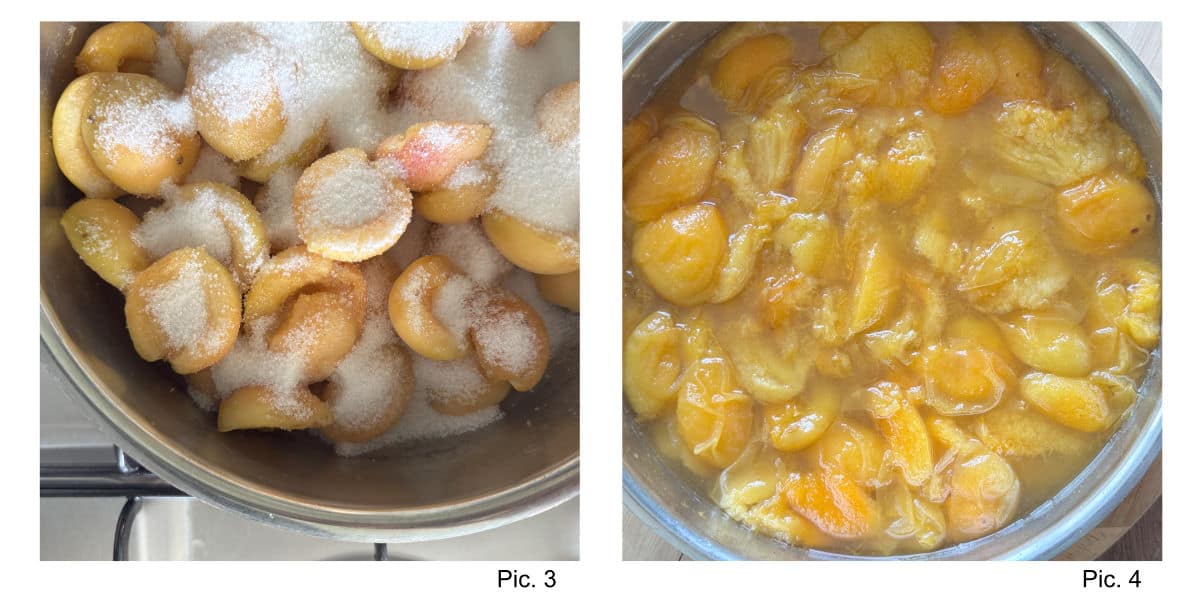 Macerating the apricots with sugar and cooking it in a heavy bottom pan.