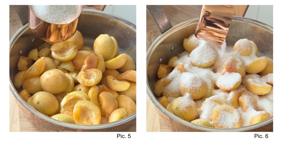 Adding sugar to apricots.