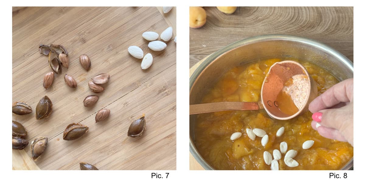 Removing the skin from apricot kernels and adding to the jam.