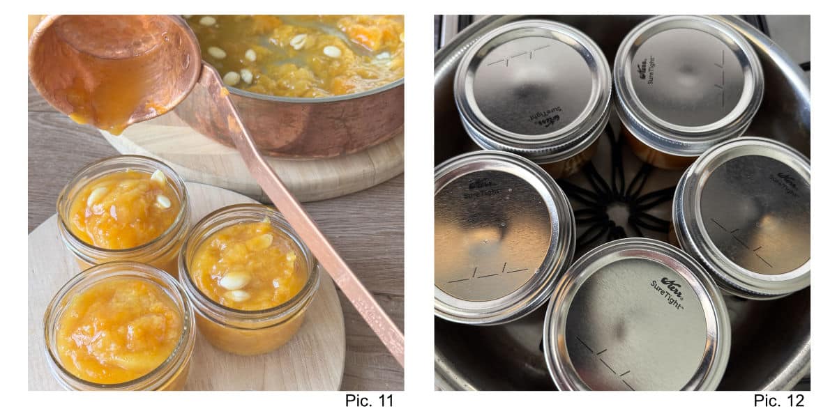 Process of filling the jars with apricot jam and sterilizing the jars.