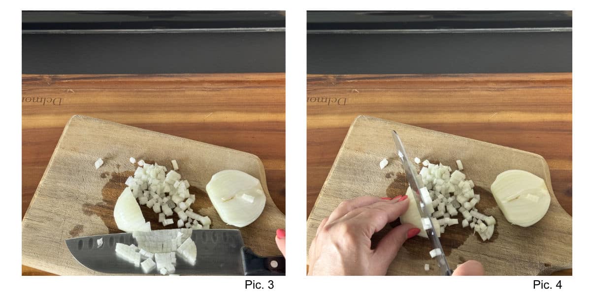 Cutting onions for the pilaf.