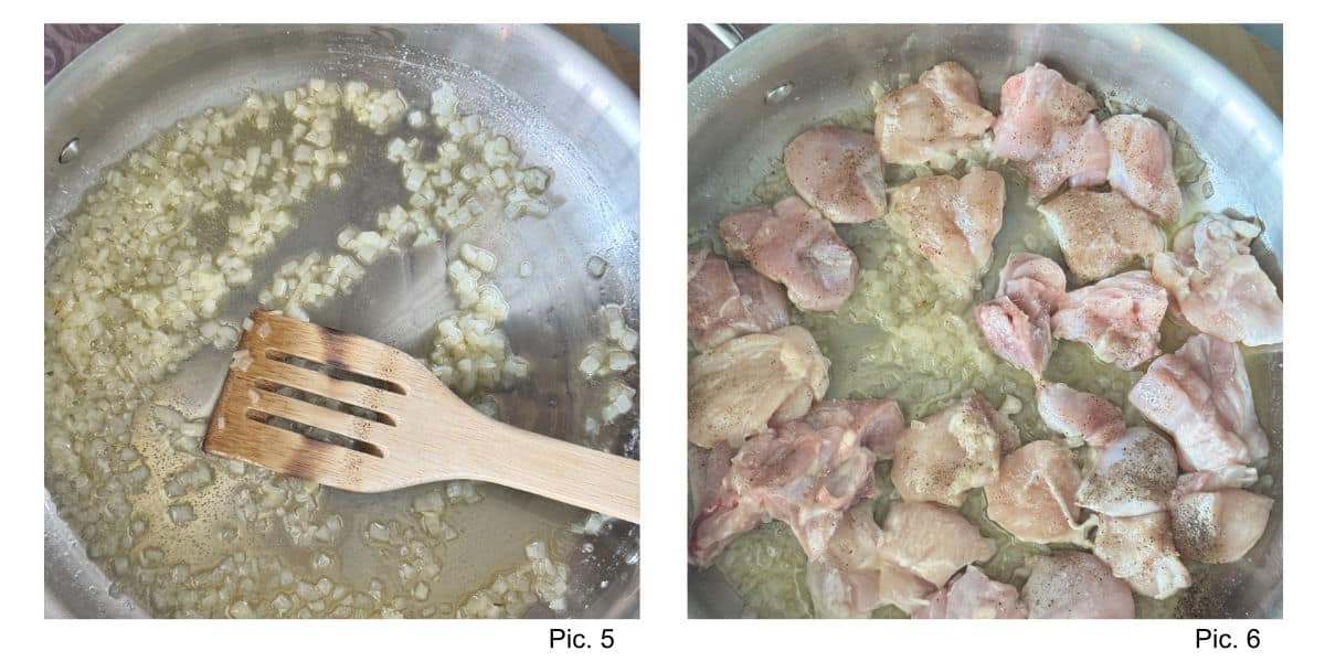 Sautéing the onions and browning the chicken.
