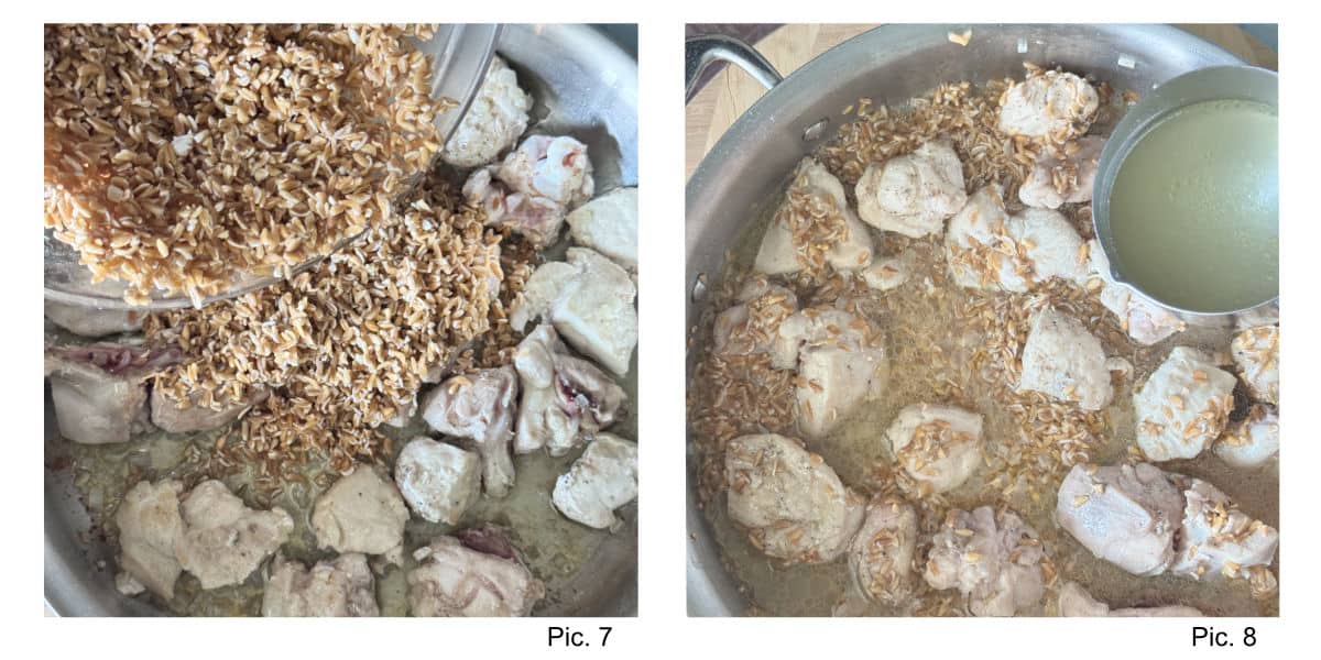 Adding farro and chicken stock.