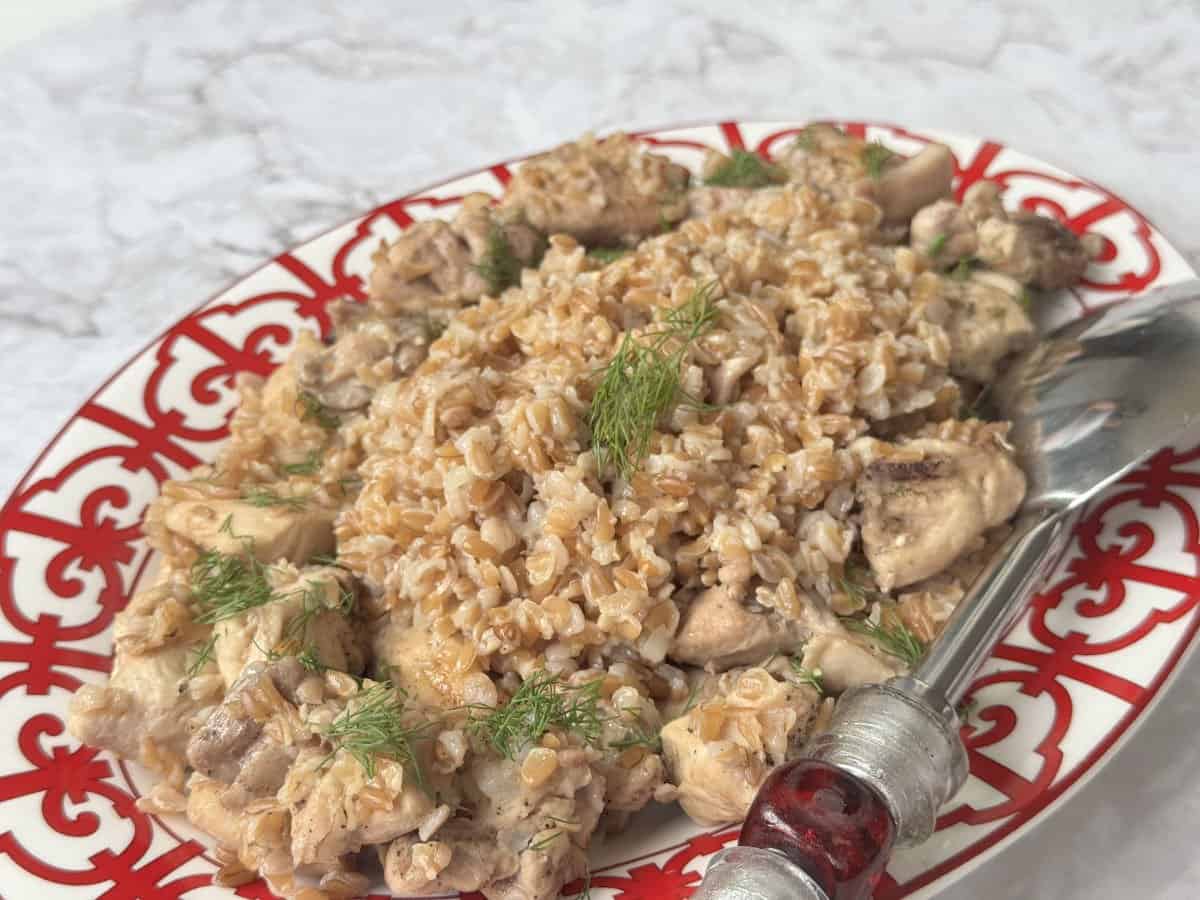 Farro pilaf with chicken from the side view.