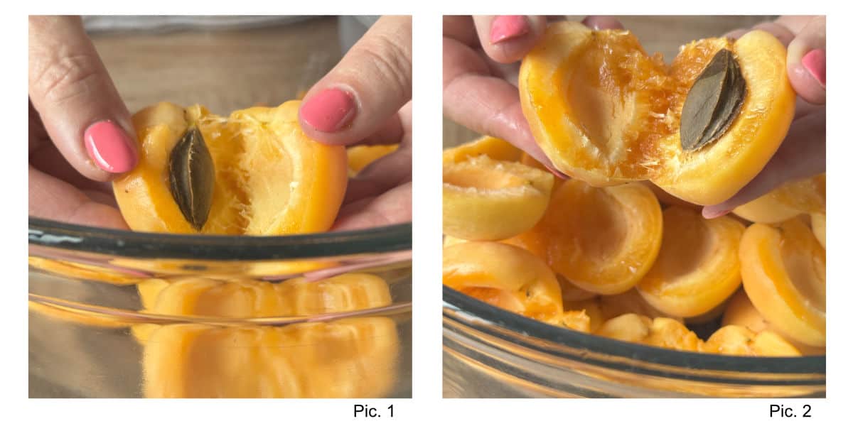 Removing the pits from the apricots.