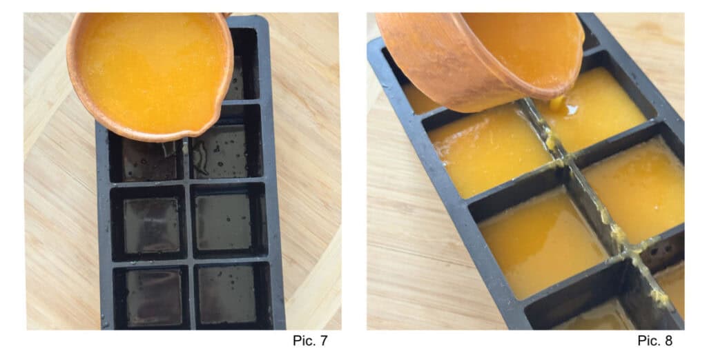 Pouring the apricot nectar into ice cube trays.