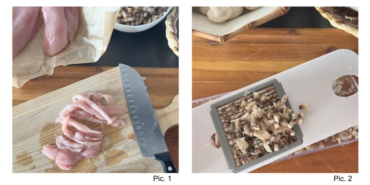 Process shot of making chicken julienne.
