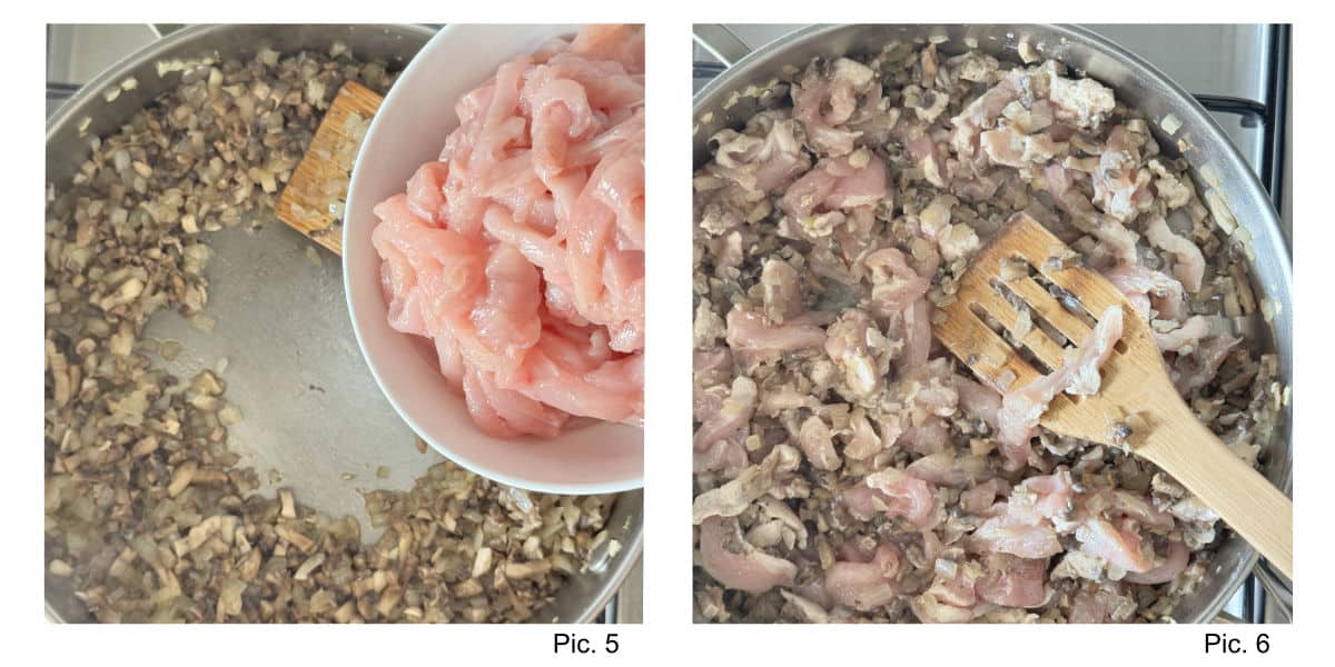 Process shot of making chicken julienne.