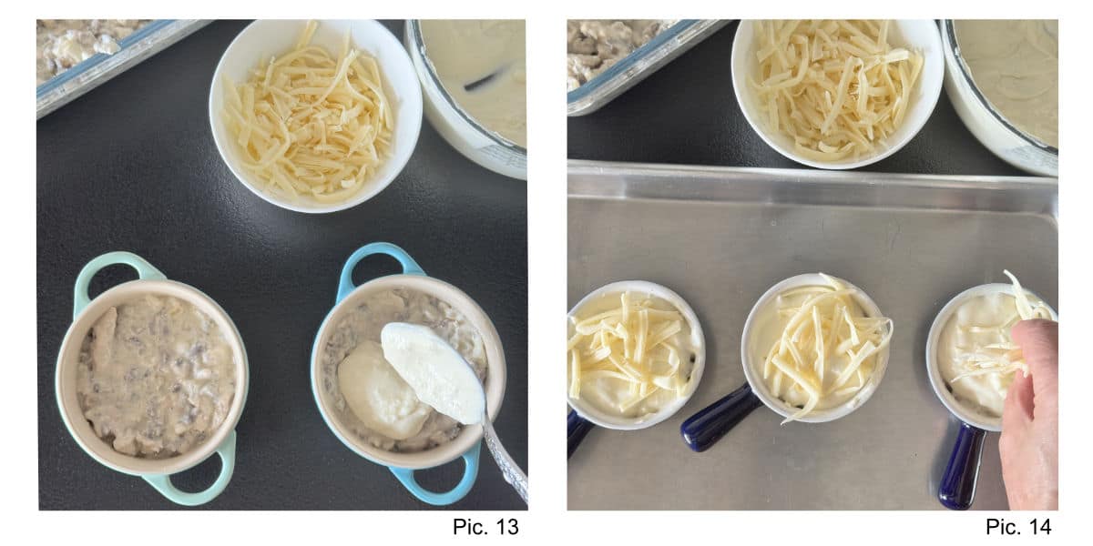 Process shot of scooping chicken julienne into ramekins.