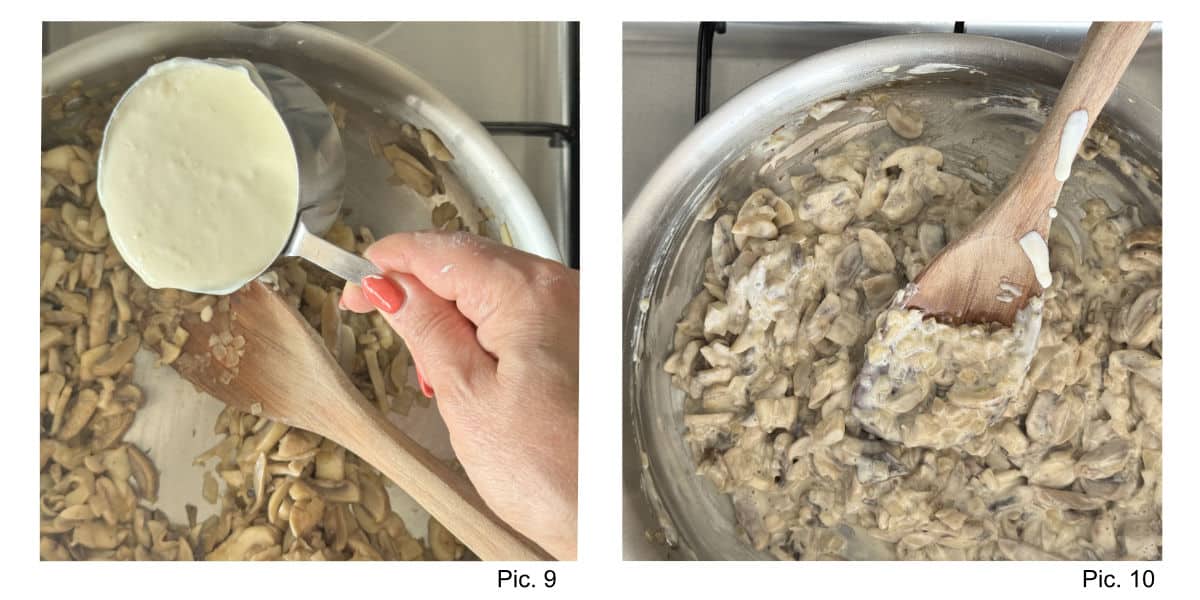 Process shot of scooping mushroom julienne into ramekins.