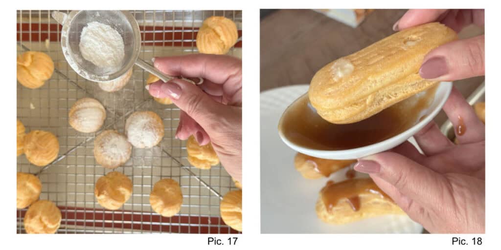 Dusting cream puffs with powdered sugar.