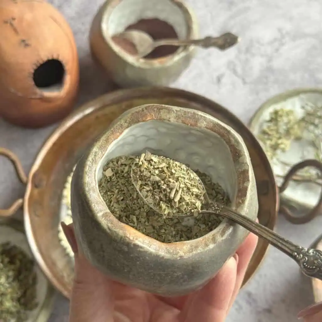 Dried thyme added to the skillet for homemade za'atar.