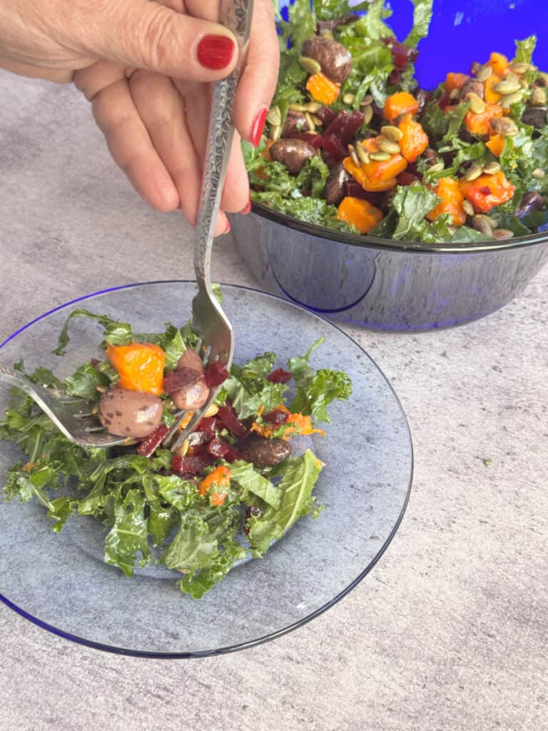 Serving roasted butternut squash salad with gigante beans and beets.
