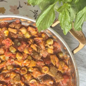 A top-down view of finished sicilian caponata.