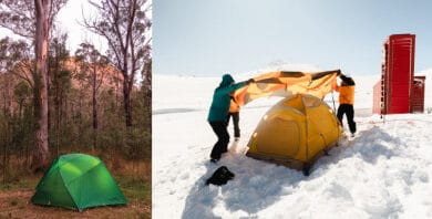 Two camping tents set up in different environments at OTS 2025.