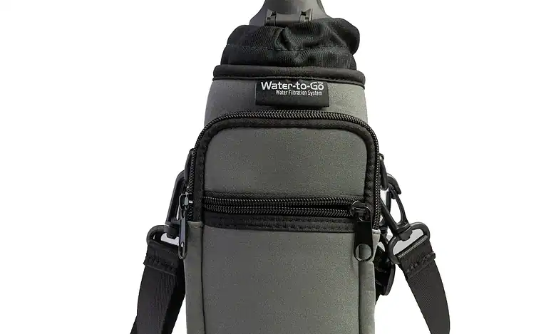 Waterproof outdoor camera bag with multiple compartments and adjustable strap for hiking and camping.