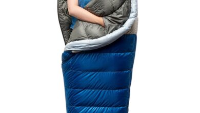 Woman in blue sleeping bag for outdoor camping and hiking.