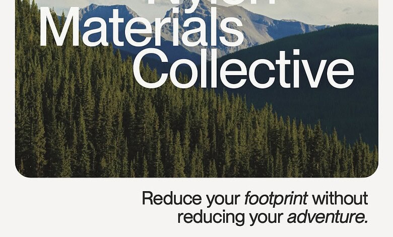 Nylon Materials Collective logo over scenic mountain landscape with forest and sky.