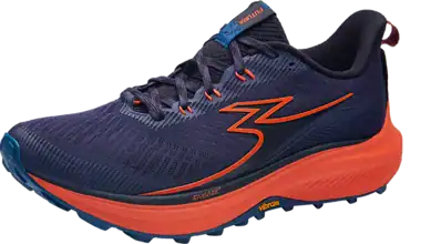 Lightweight navy and orange trail running shoe with Vibram sole for outdoor activities.