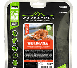 Vegetarian breakfast sausage snack packaged for outdoor camping or hiking, vegan-friendly, 300g.