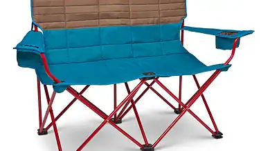 1. Foldable outdoor camping bench with cup holders and padded backrest in blue and brown.