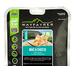 Pre-packaged Mac & Cheese meal for camping and outdoor adventures.