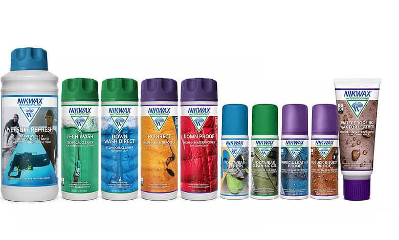 Collection of Nikwax outdoor cleaning and waterproofing products for gear and clothing.