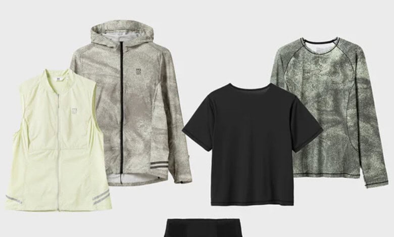 Outdoor sportswear including jackets, t-shirts, and leggings for active outdoor pursuits.