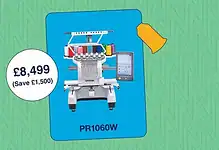 PR1060W embroidery machine with touchscreen and accessories.