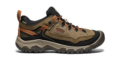Men's waterproof hiking shoe with rugged sole and supportive design.
