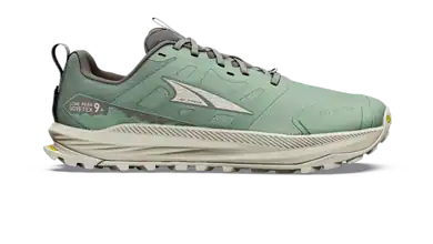 Men's Lone Peak 9+ GTX trail running shoe in green with rugged sole.