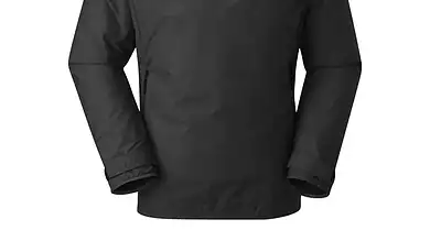 Men's outdoor belay jacket in anthracite with patch detail for climbing.