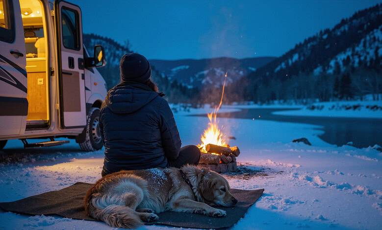 Person sitting by campfire with dog in snowy winter landscape near a camper van.