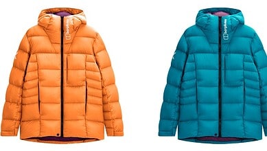 Two colourful insulated outdoor jackets in orange and blue for cold weather.