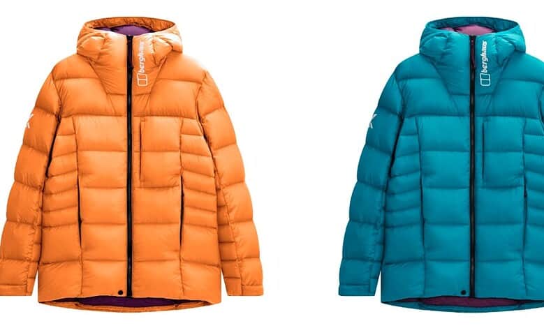 Two colourful insulated outdoor jackets in orange and blue for cold weather.