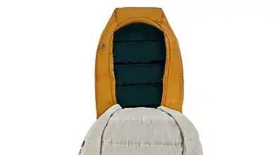 Kelty Eclipse sleeping bag with interior and exterior views in yellow and white.
